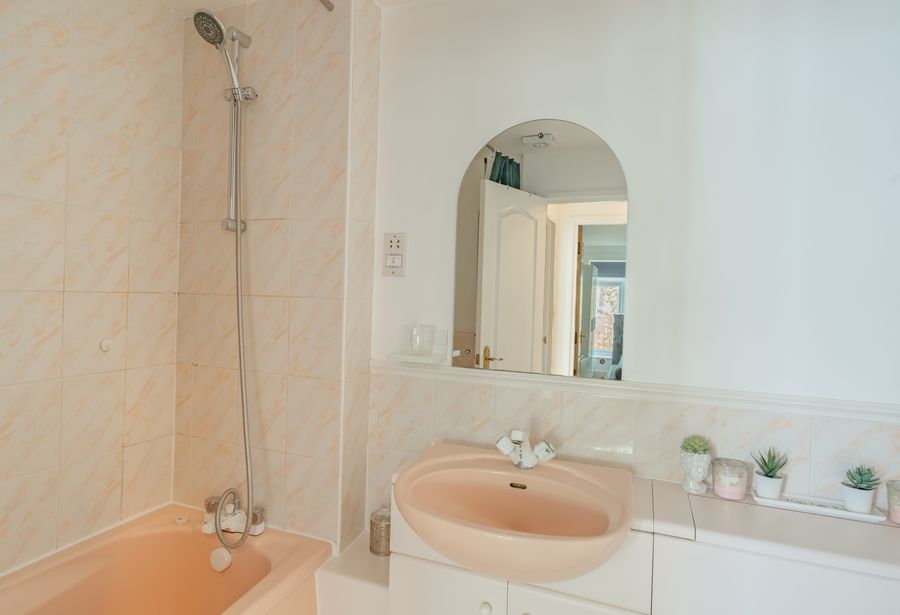 Bath with a shower and a peach basin